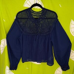 Free People Navy Crochet Yoke Peasant Blouse Small